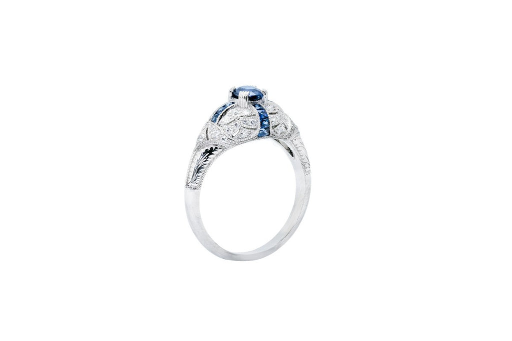 Art Deco Oval Blue Sapphire Diamond Platinum Engagement Ring Natural 1.00 CTW
