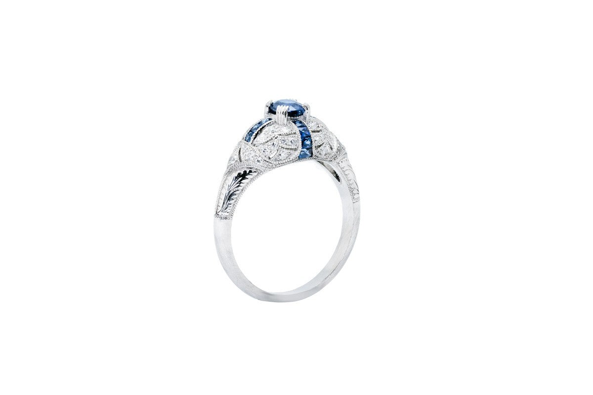 Art Deco Oval Blue Sapphire Diamond Platinum Engagement Ring Natural 1.00 CTW