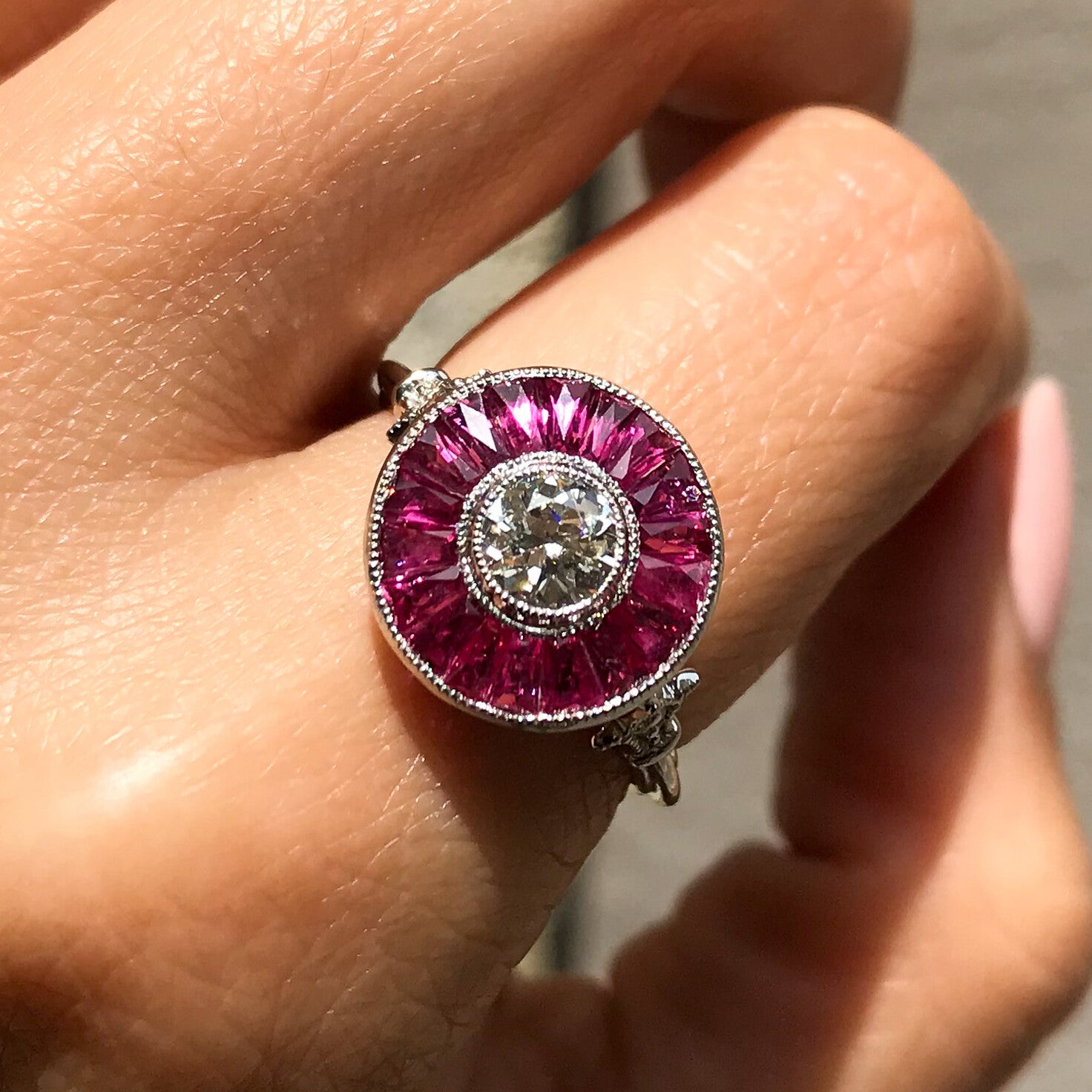 Diamond Ruby Platinum Engagement Ring Art Deco Natural Handmade French Cut