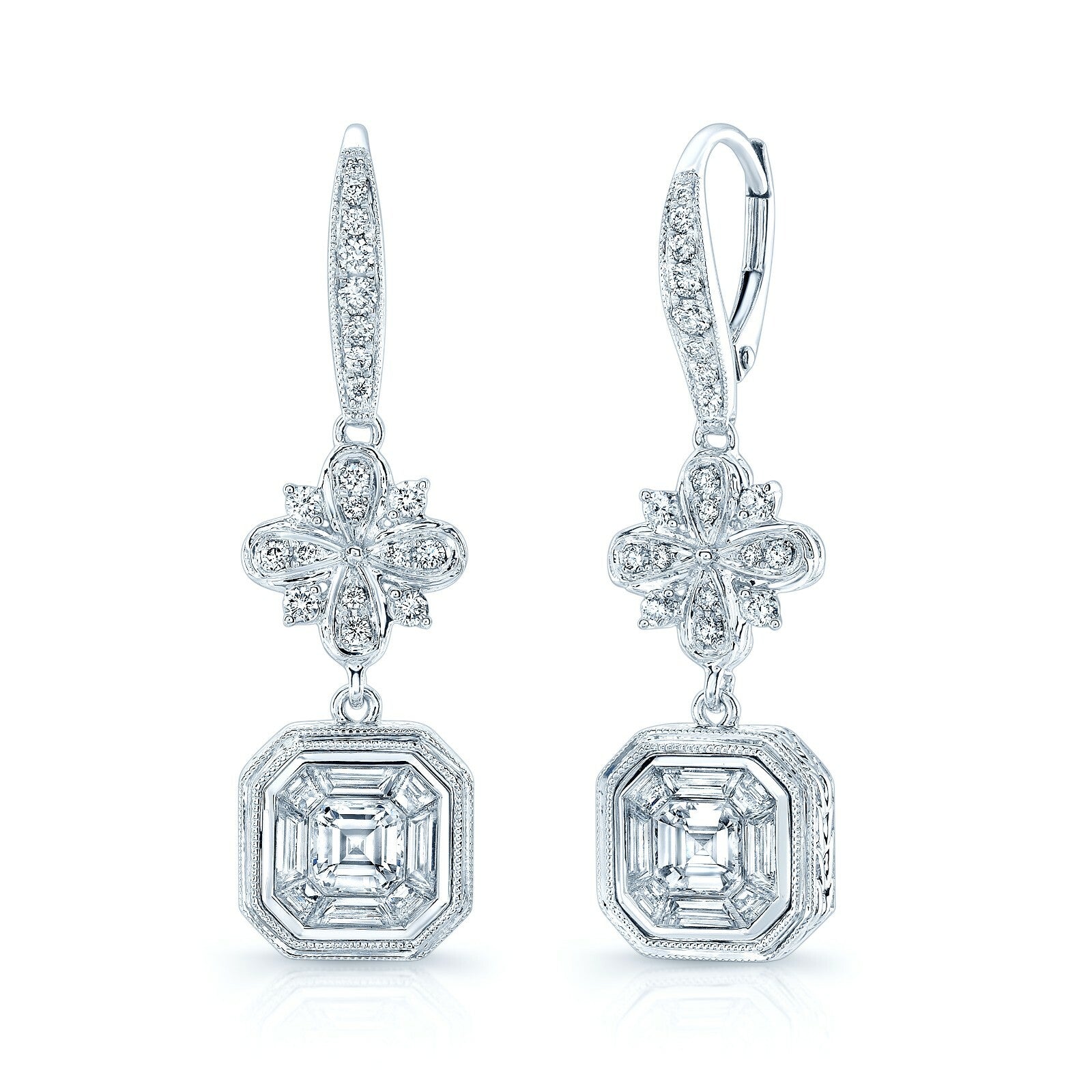 18K White Gold Asscher Diamond Earrings Art Deco Illusion Set Natural 1.86 CTW