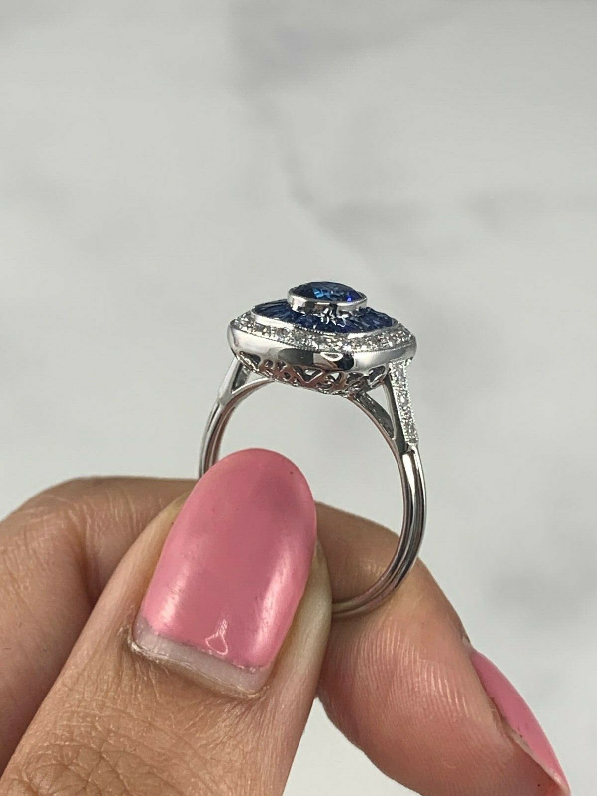 Blue Sapphire Diamond Platinum Ring Art Deco Natural French Cut Baguette 3.12CTW