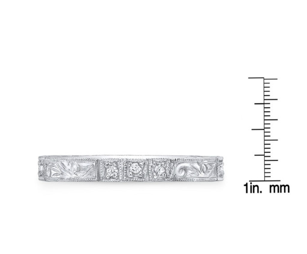 14K White Gold Diamond Wedding Band Ring Paisley Hand Engraved Natural 0.10 CT