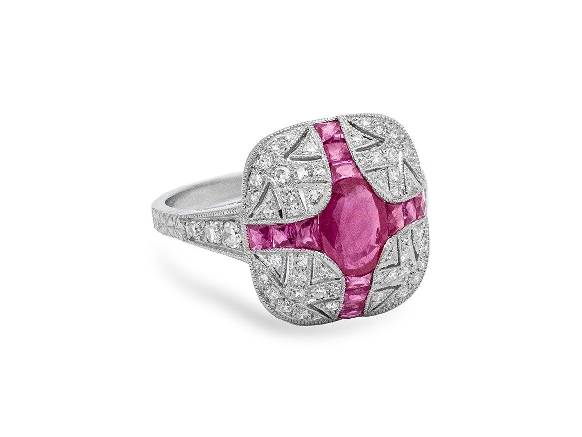 Art Deco Oval Ruby Diamond Platinum Ring Natural 1.71CTW Antique Look