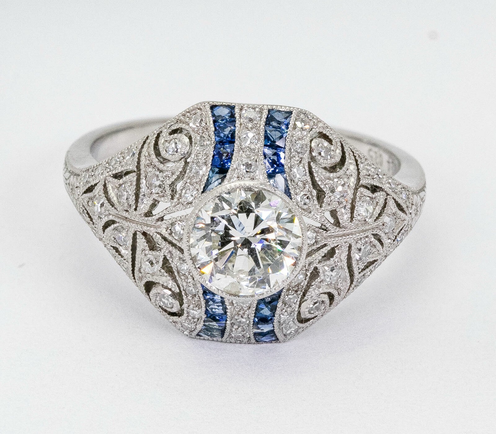 Diamond Blue Sapphire Platinum Engagement Ring Natural 1.30 TCW Art Deco