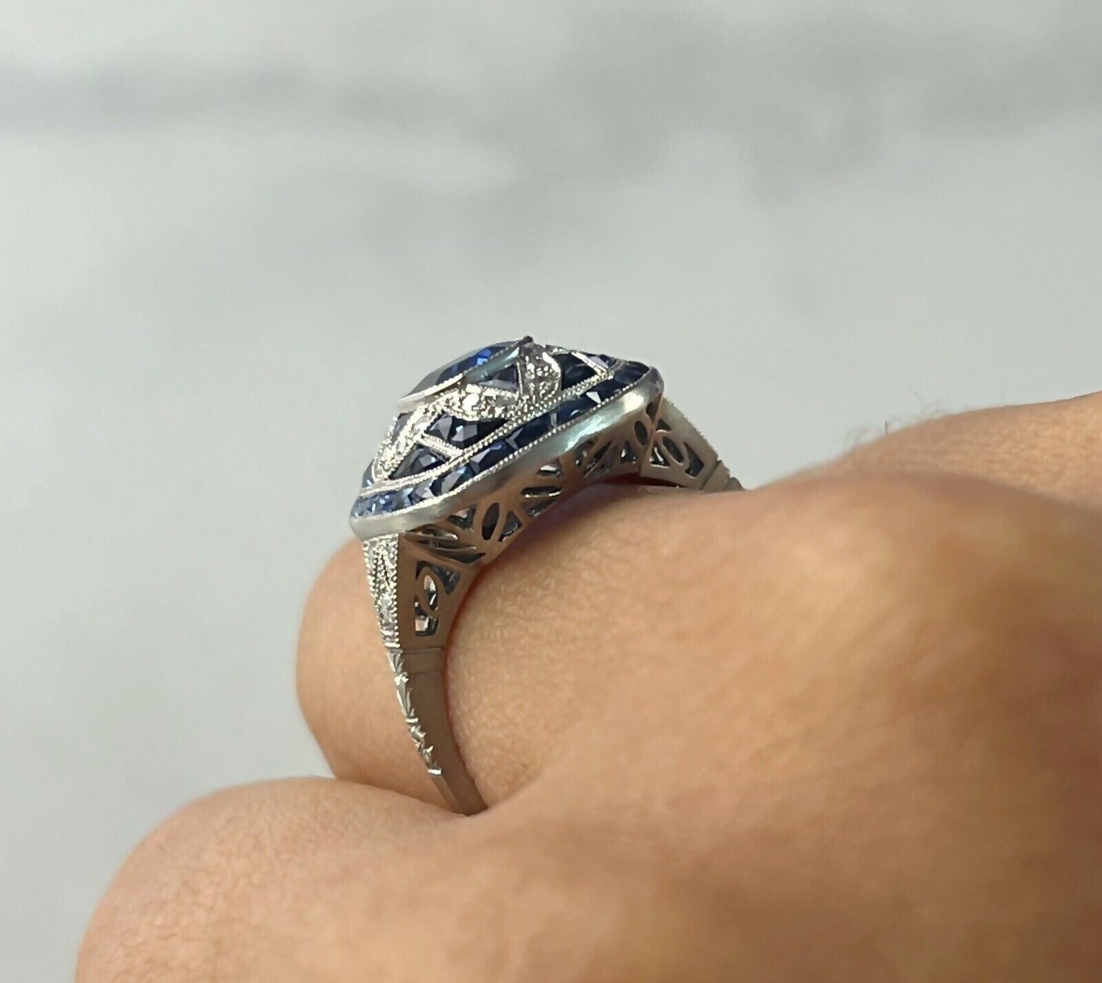 Art Deco Blue Sapphire Old Mine Diamond Engagement Ring Platinum European 2.28CT