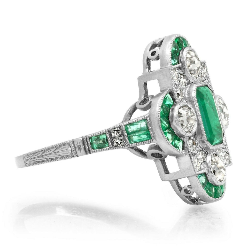 Art Deco Emerald Platinum Diamond Ring Antique Design Certified Natural