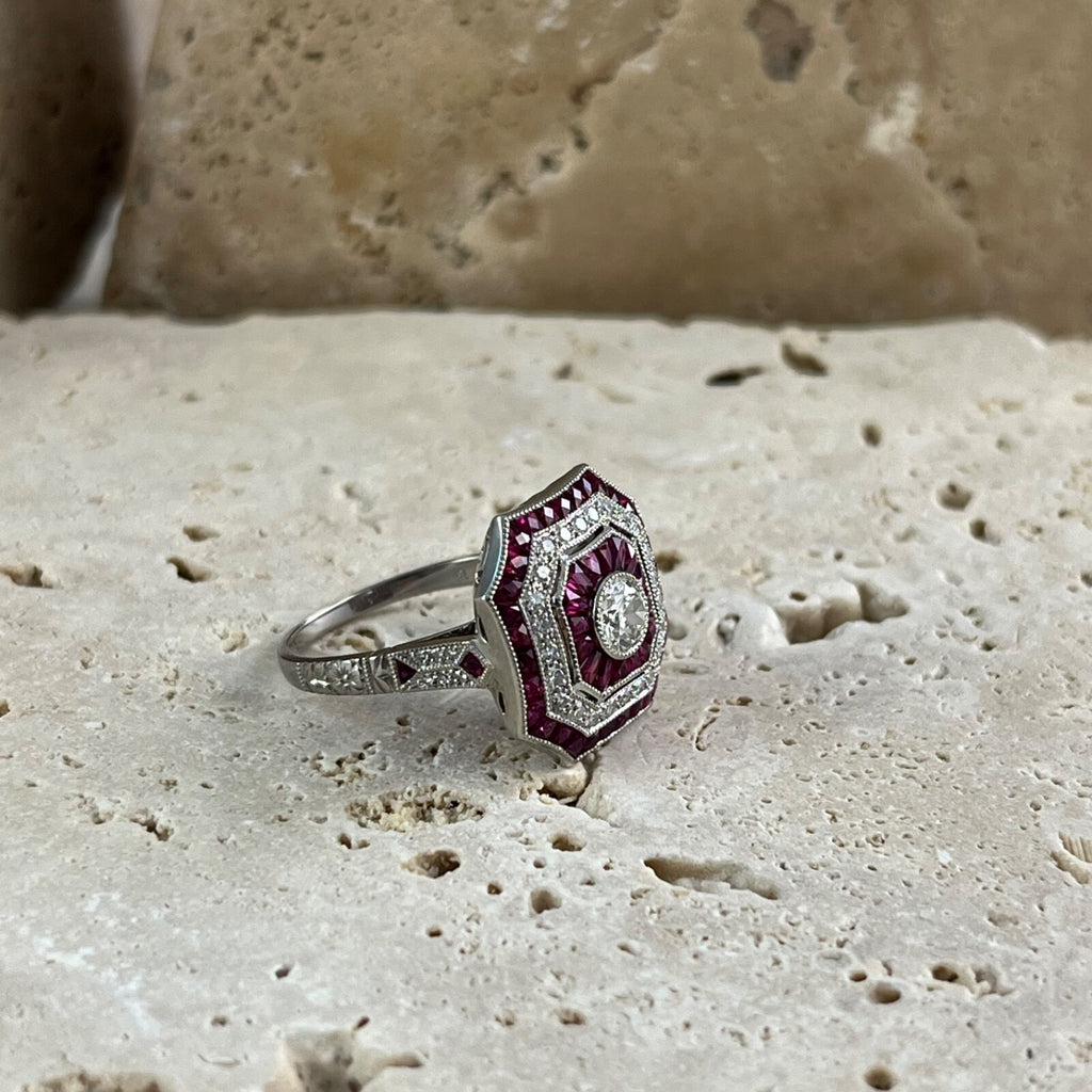 Diamond Ruby Platinum Engagement Ring Art Deco Natural 2.18 TCW Antique Inspired