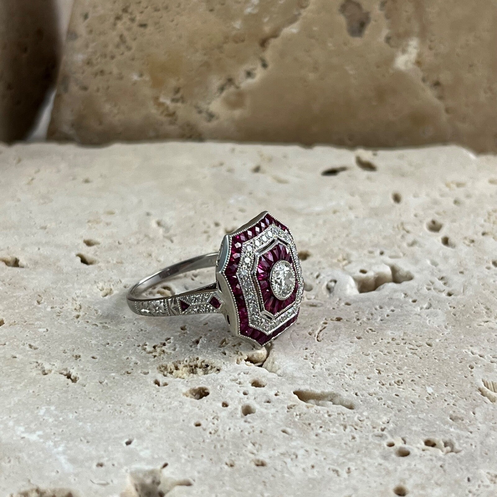 Diamond Ruby Platinum Engagement Ring Art Deco Natural 2.18 TCW Antique Inspired