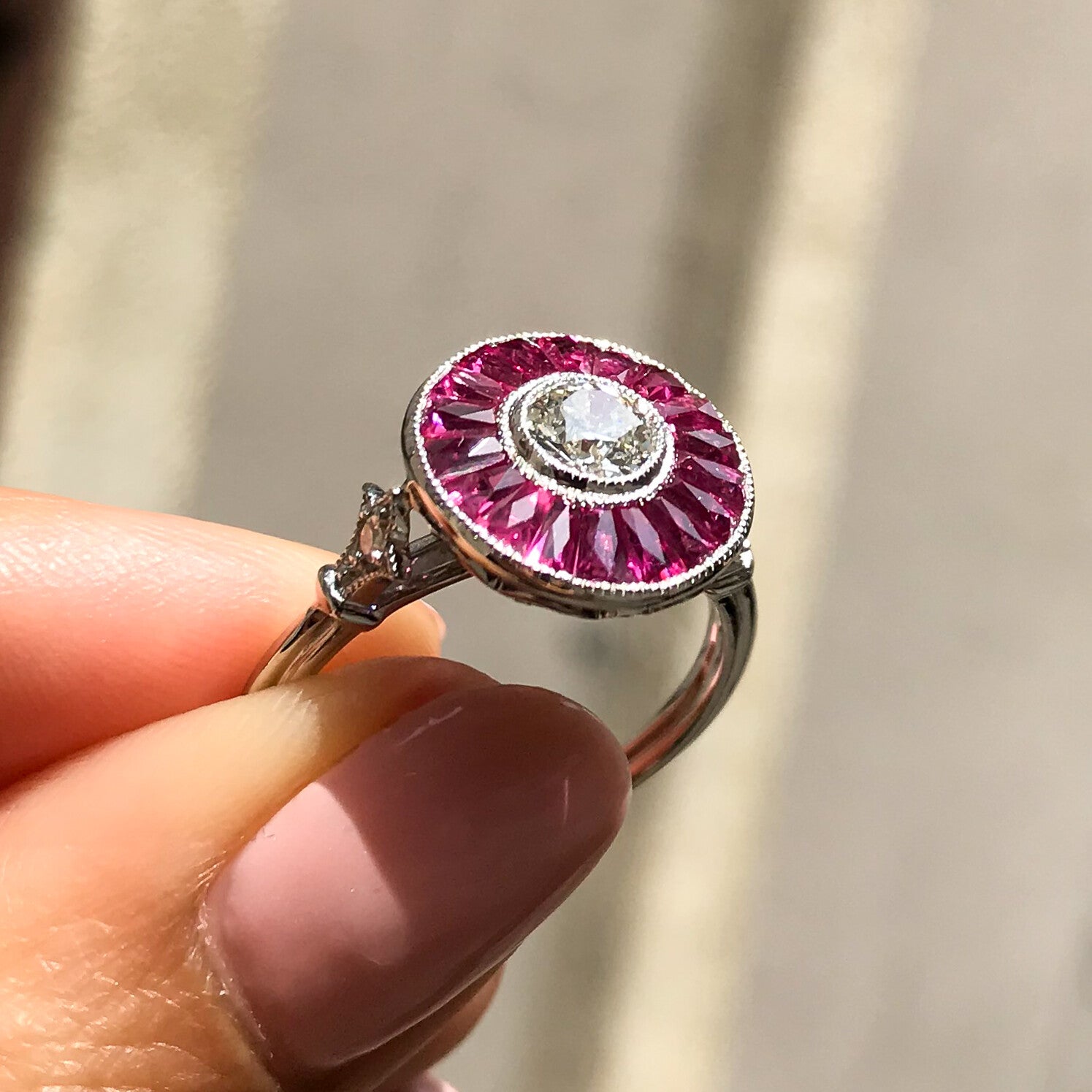 Diamond Ruby Platinum Engagement Ring Art Deco Natural Handmade French Cut