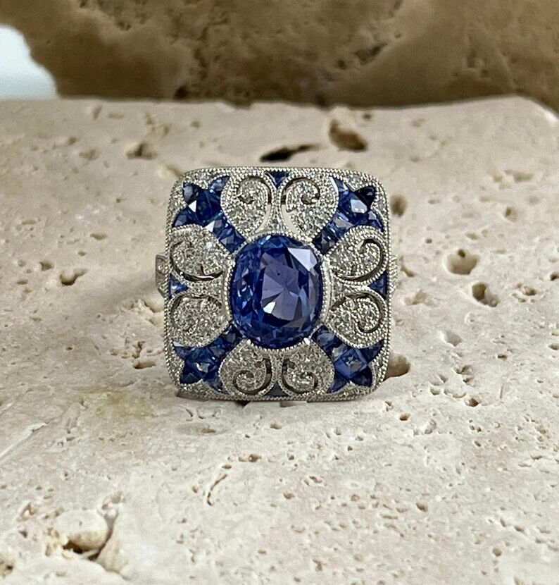 Art Deco Inspired Oval Sapphire Diamond Platinum Ring Natural 4.89 CTW Certified