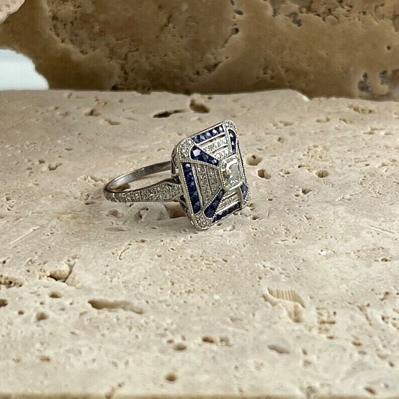 Art Deco Inspired Asscher Cut Diamond Sapphire Platinum Ring Natural 1.45 CTW