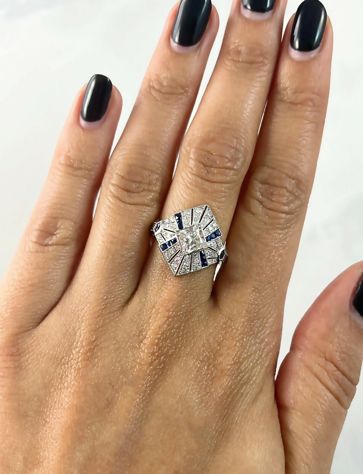 Princess Cut Diamond Sapphire Platinum Ring Engagement Art Deco Handmade Natural