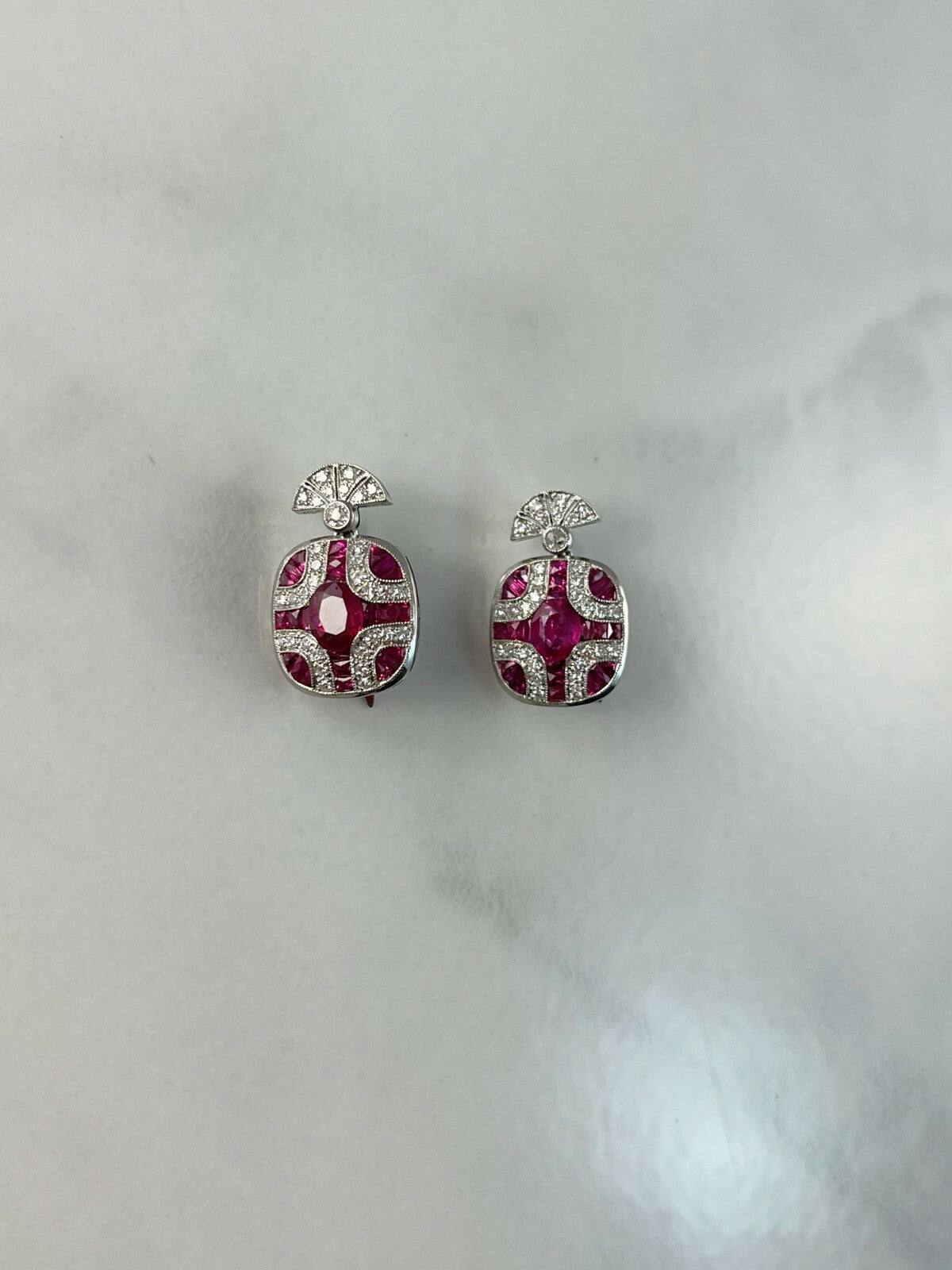 Art Deco Ruby Diamond Platinum Earrings Oval 2.03 TCW Handmade Certified Natural