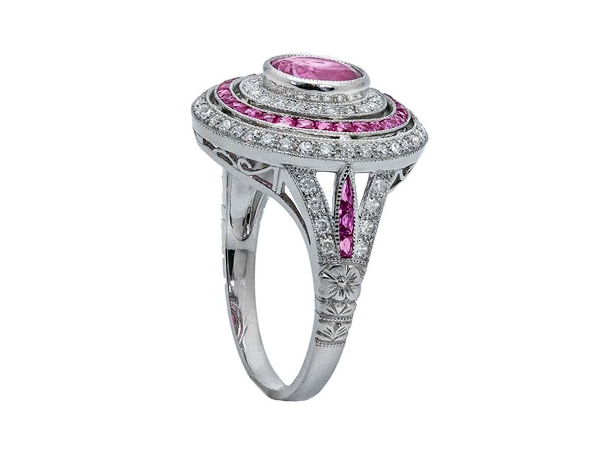 Art Deco Oval Ruby Diamond Platinum Ring Antique Finish Natural Handmade 1.95CTW