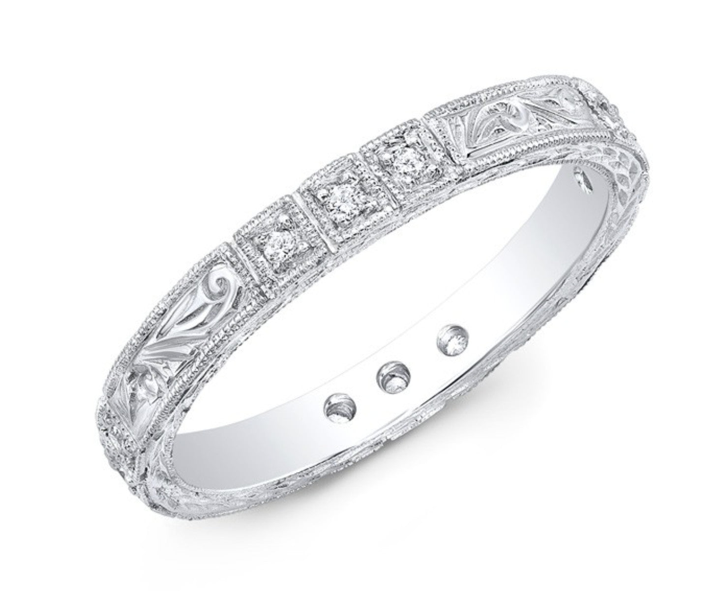 14K White Gold Diamond Wedding Band Ring Paisley Hand Engraved Natural 0.10 CT