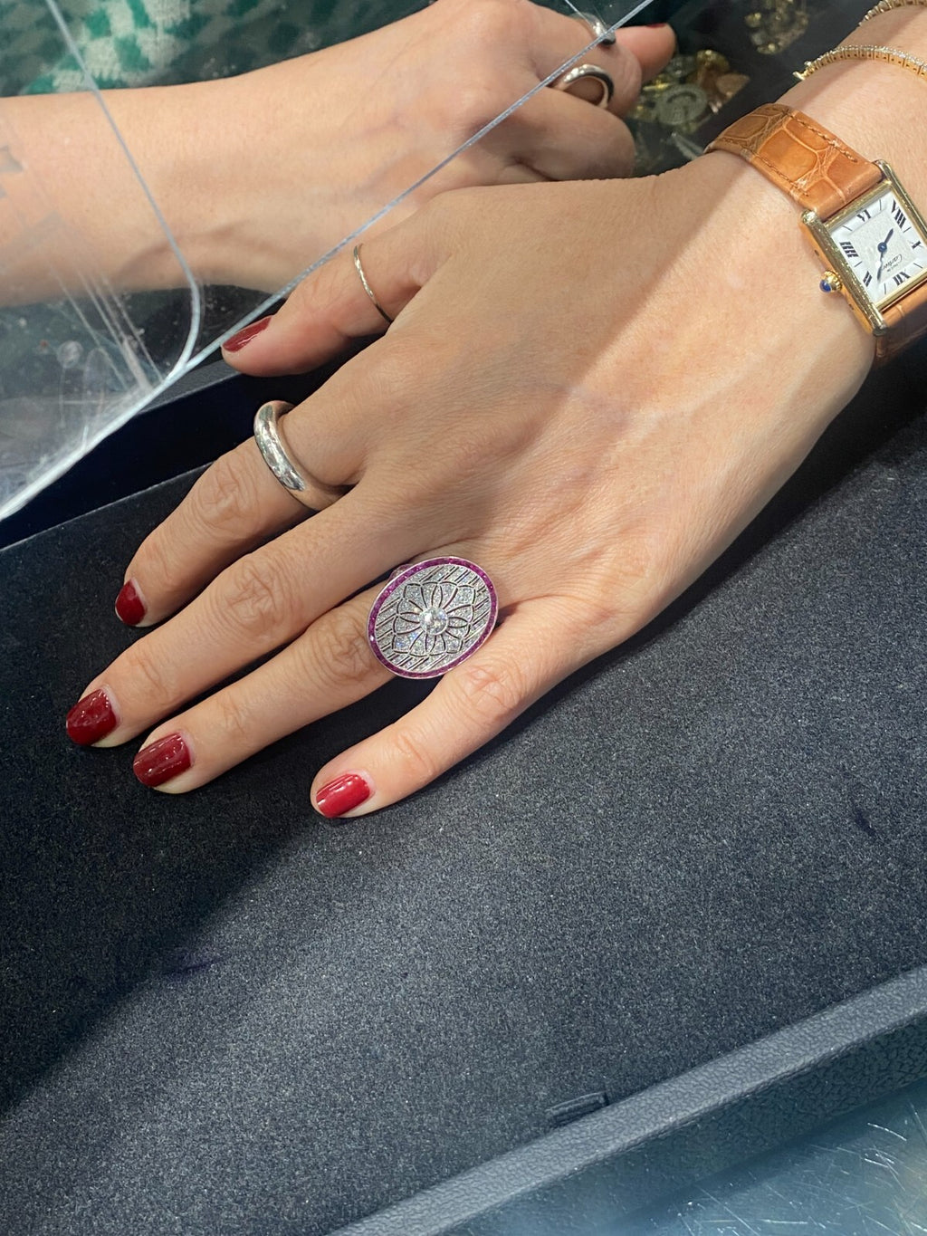 Diamond Ruby Platinum Ring Art Deco Natural Old European Cut Antique Inspired