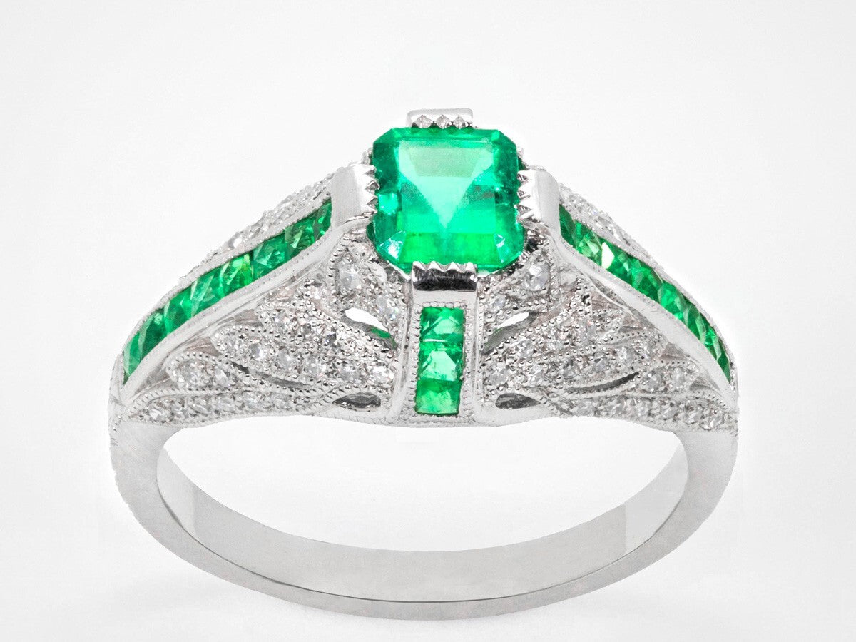 Diamond Emerald Engagement Platinum Ring Art Deco Antique Finish Natural 1.08TCW