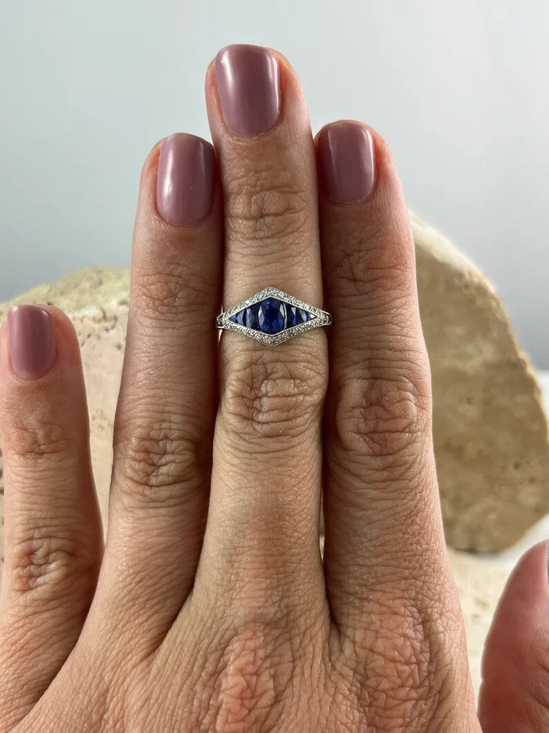 Art Deco Inspired Sapphire Diamond Platinum Ring Natural Oval French Cut 1.34CTW
