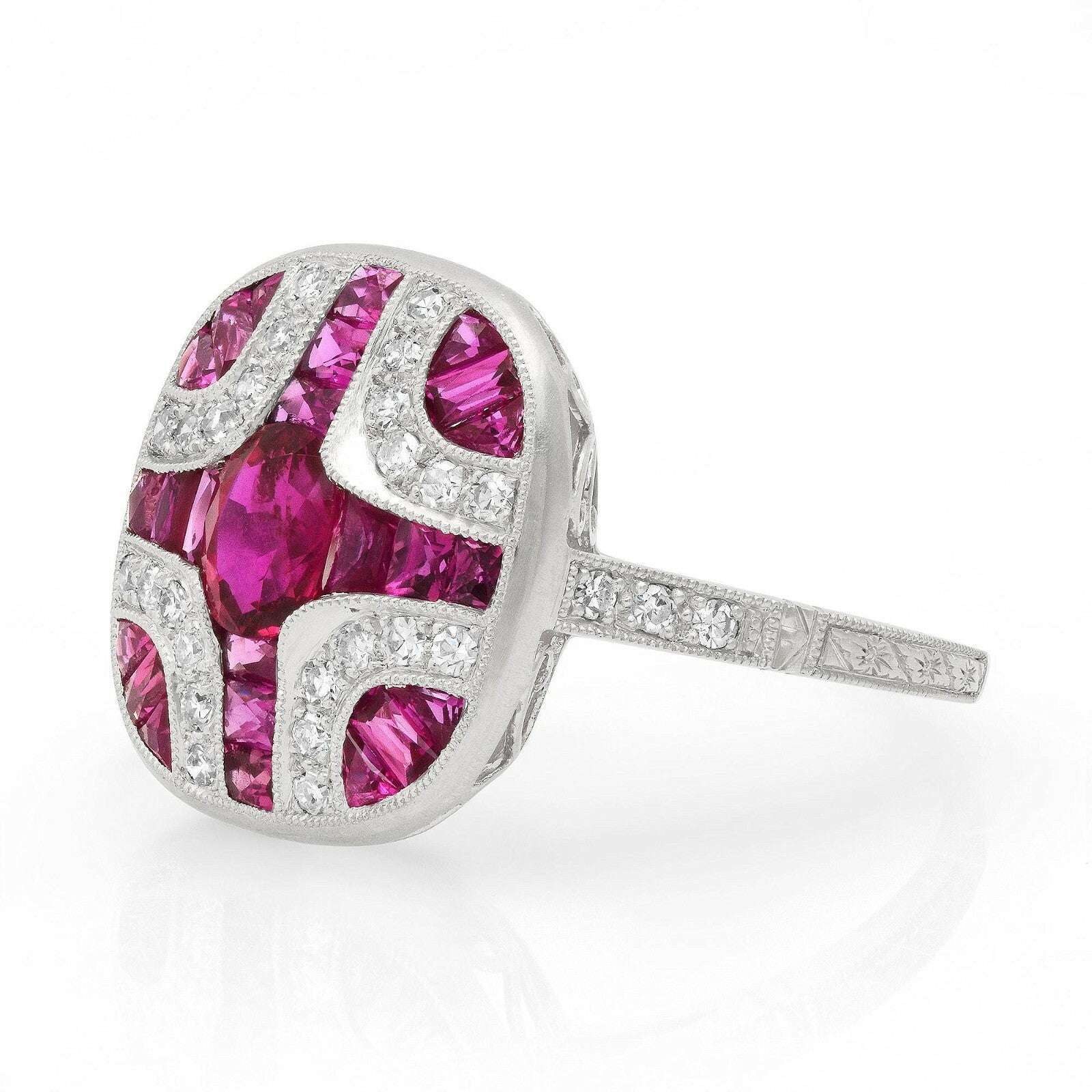 Ruby Diamond Art Deco Platinum Ring Handmade Certified Natural Antique Finish