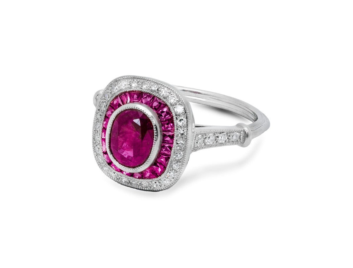 Art Deco Oval Ruby Diamond Platinum Engagement Ring Natural 1.87 CTW Certified