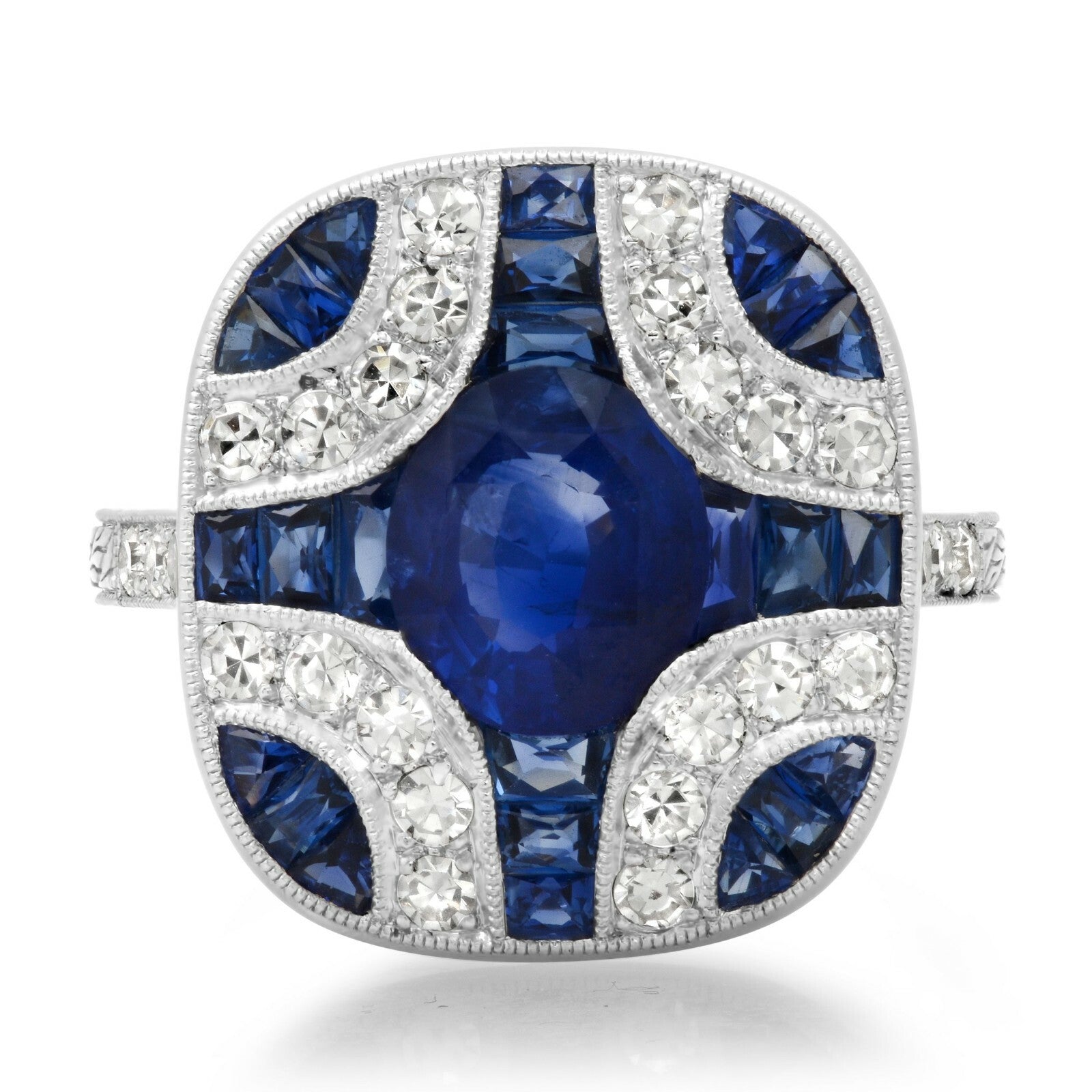 Art Deco Blue Sapphire Diamond Platinum Ring Handmade Oval Cut Antique Inspired