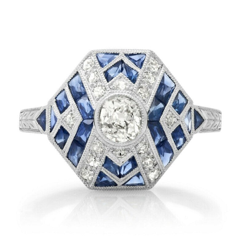 Art Deco Diamond Sapphire Platinum Ring Natural Handmade Certified 1.75 CTW