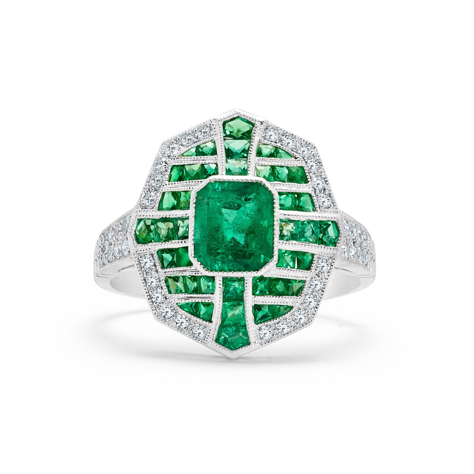 Art Deco Emerald Platinum Diamond Ring Old Mine European Cut Natural 1.58 CTW