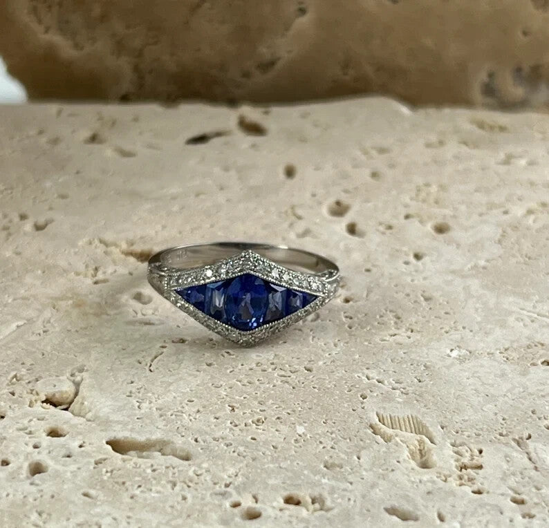 Art Deco Inspired Sapphire Diamond Platinum Ring Natural Oval French Cut 1.34CTW