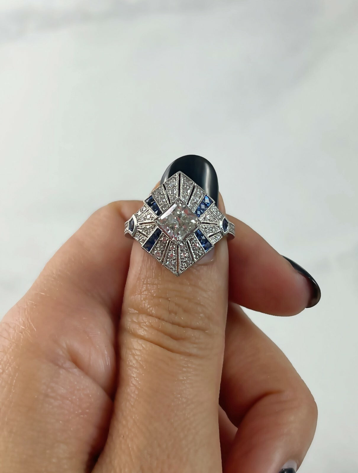 Princess Cut Diamond Sapphire Platinum Ring Engagement Art Deco Handmade Natural