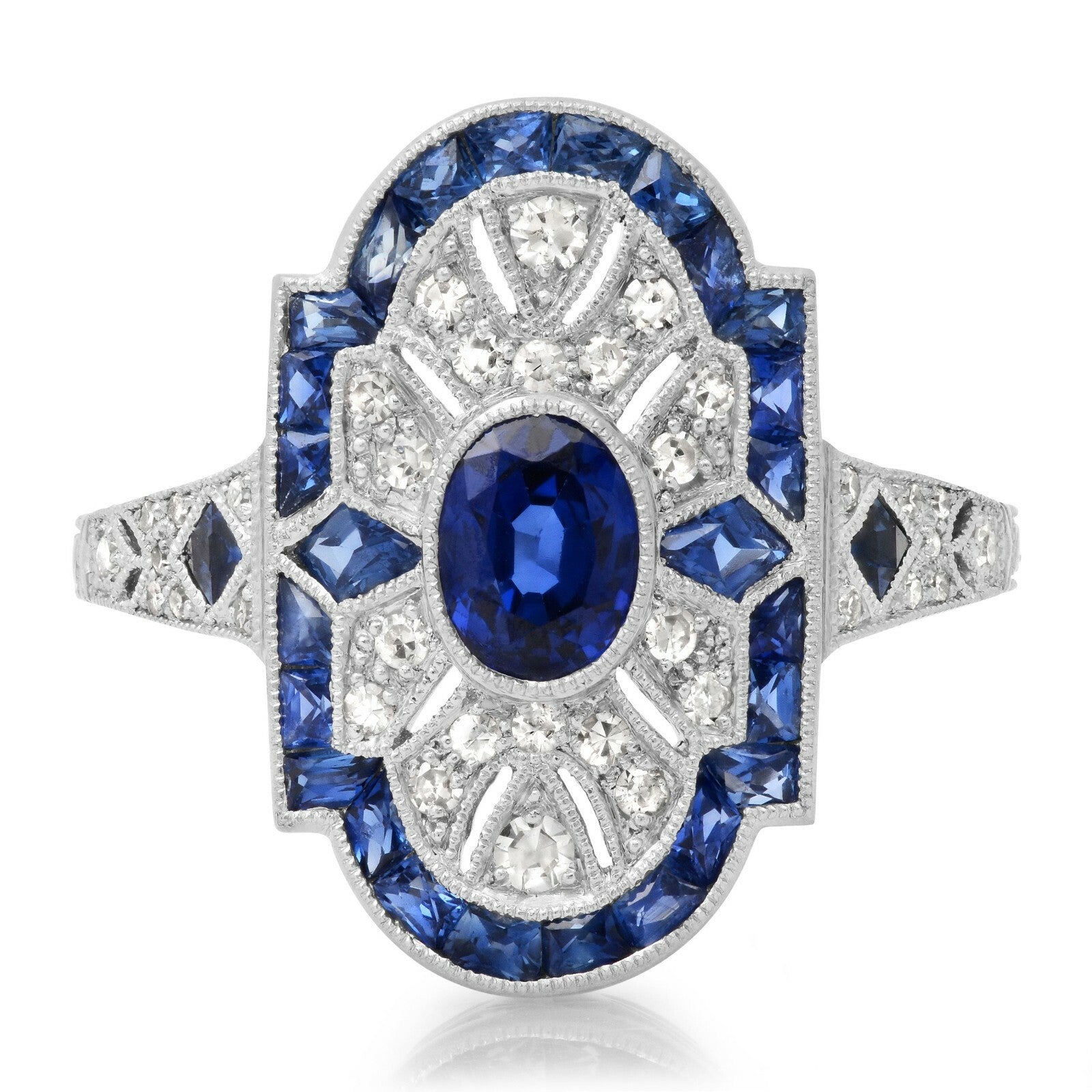 Oval Blue Sapphire Platinum Diamond Ring Art Deco Handmade Antique Natural