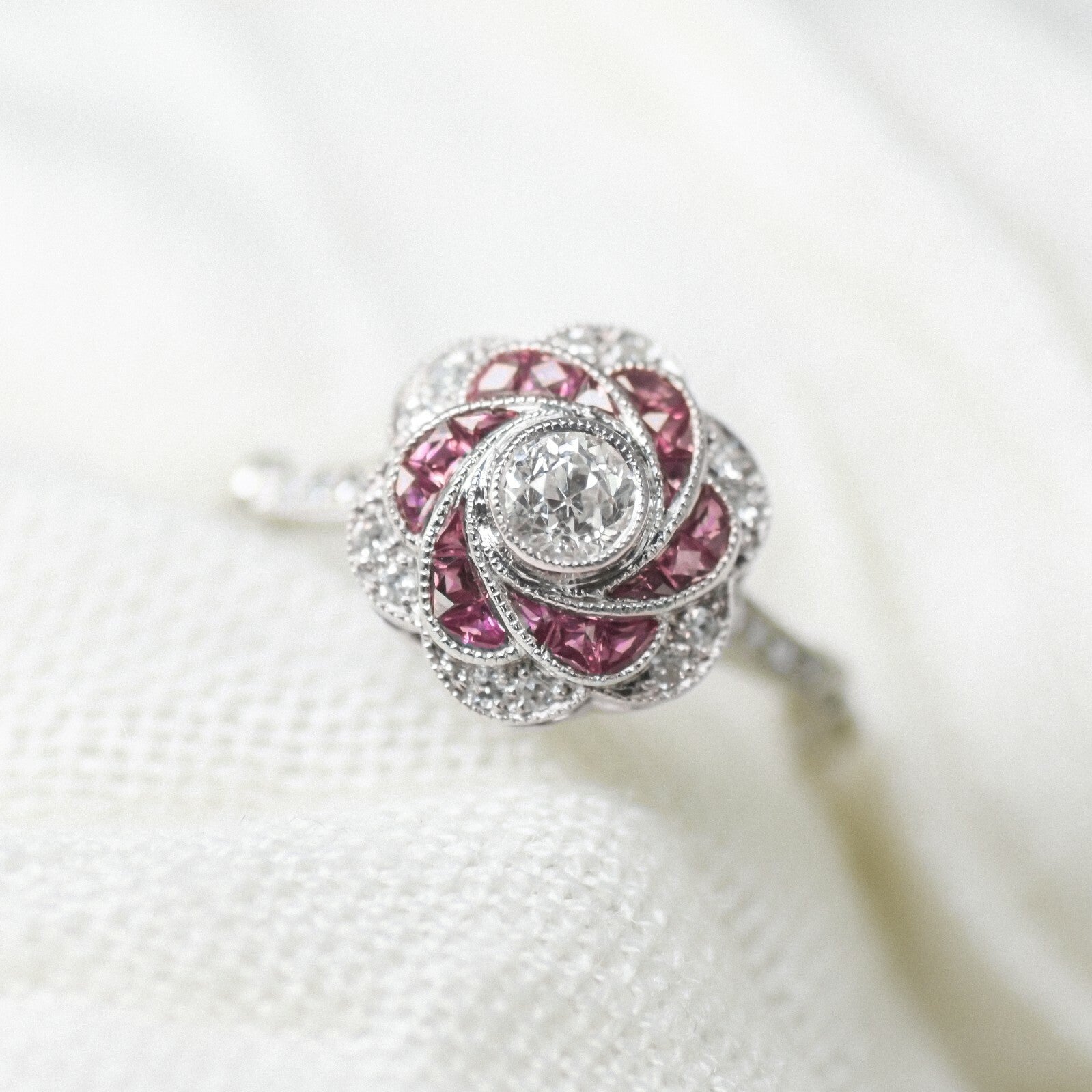 Ruby Diamond Platinum Flower Ring Natural Art Deco 1.10 CTW Handmade Cocktail