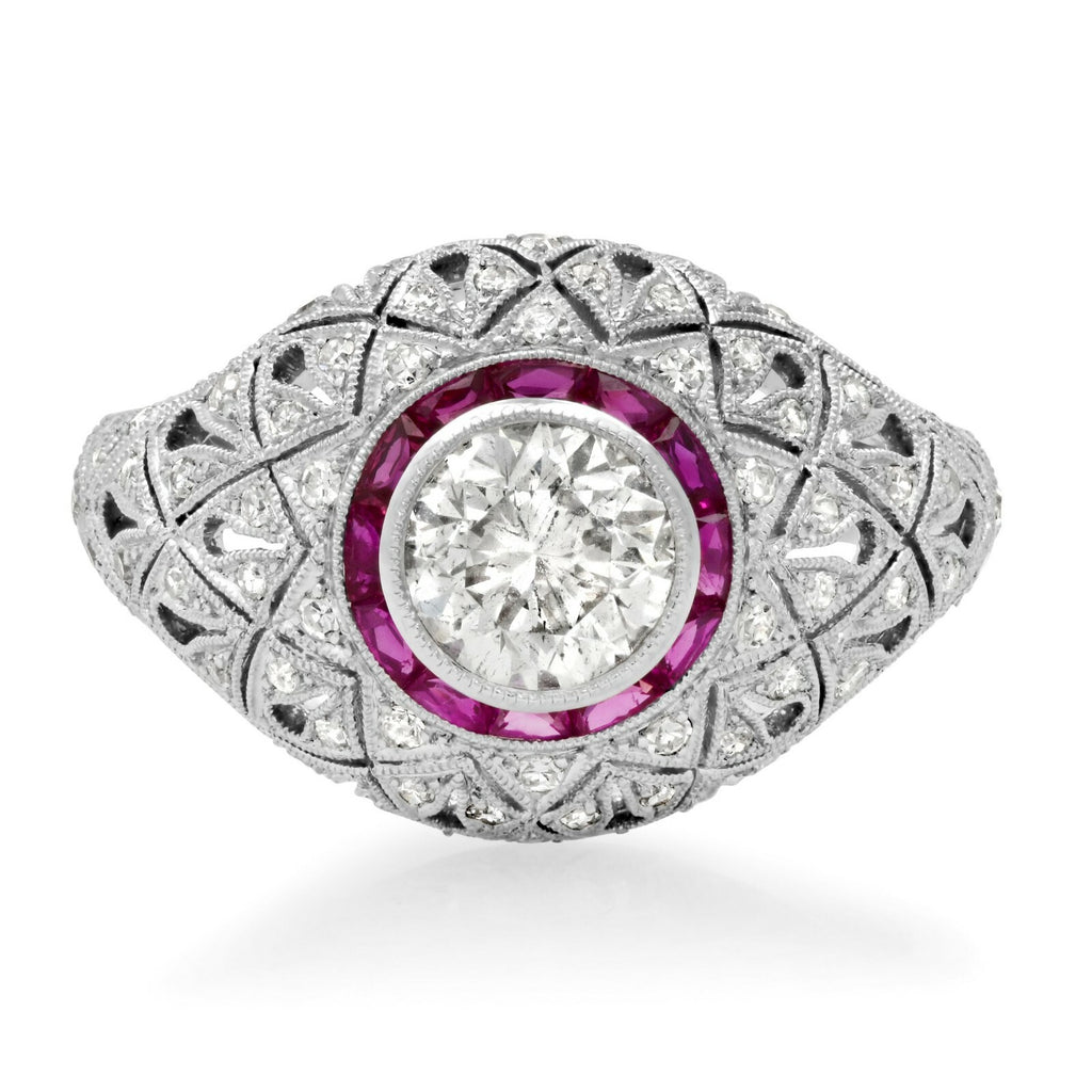 Platinum Diamond Ruby Ring Art Deco Inspired Natural 1.74 TCW