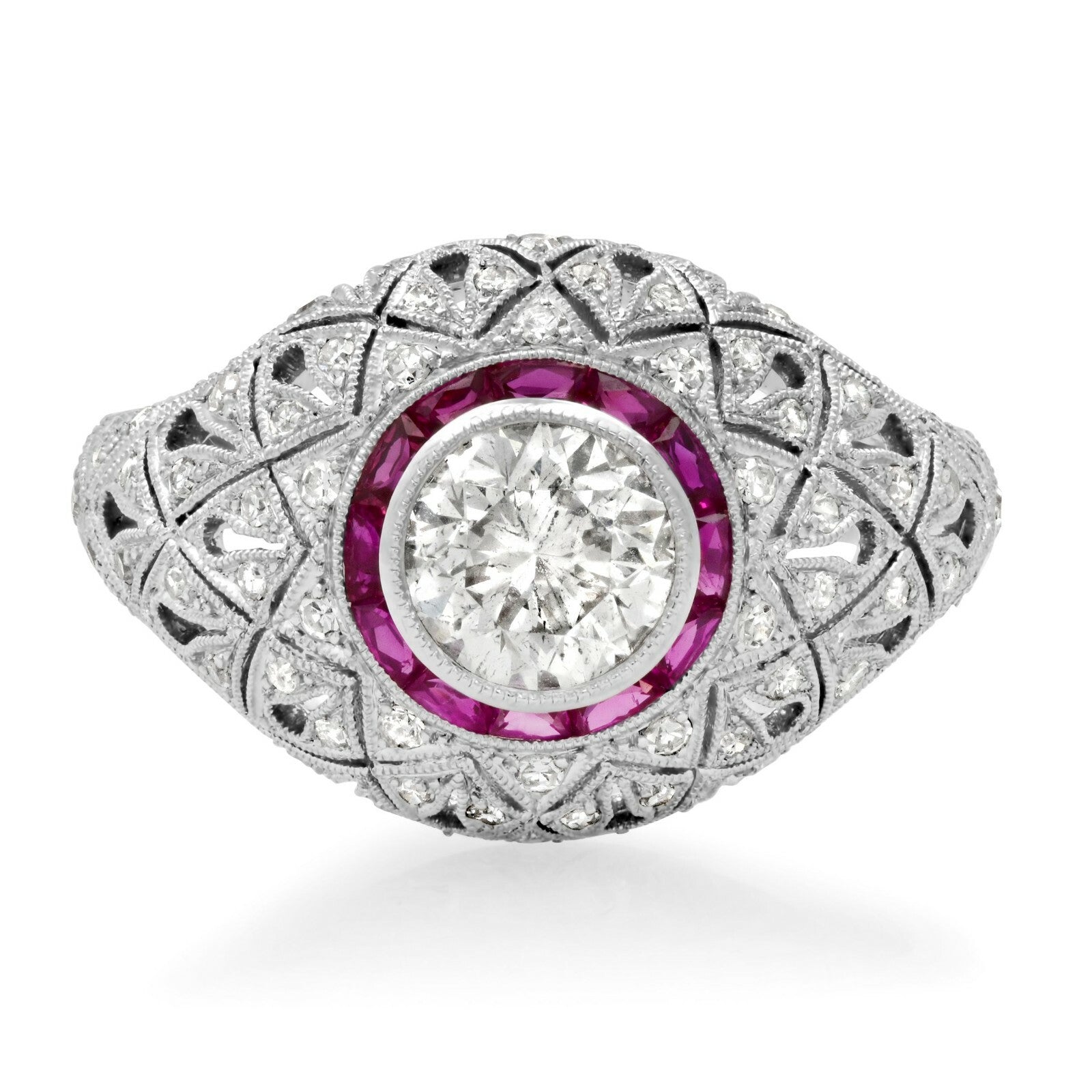 Platinum Diamond Ruby Ring Art Deco Inspired Natural 1.74 TCW