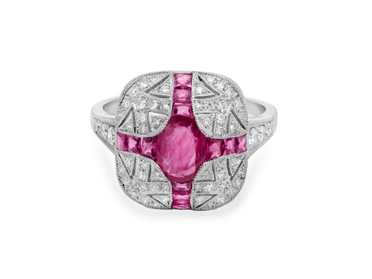 Art Deco Oval Ruby Diamond Platinum Ring Natural 1.71CTW Antique Look