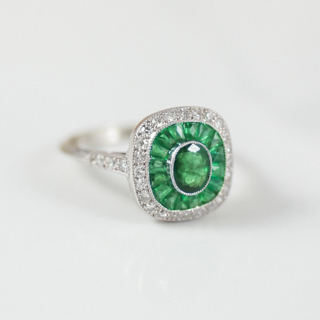 Emerald Diamond Platinum Ring Art Deco Oval Baguette Cocktail Antique Natural