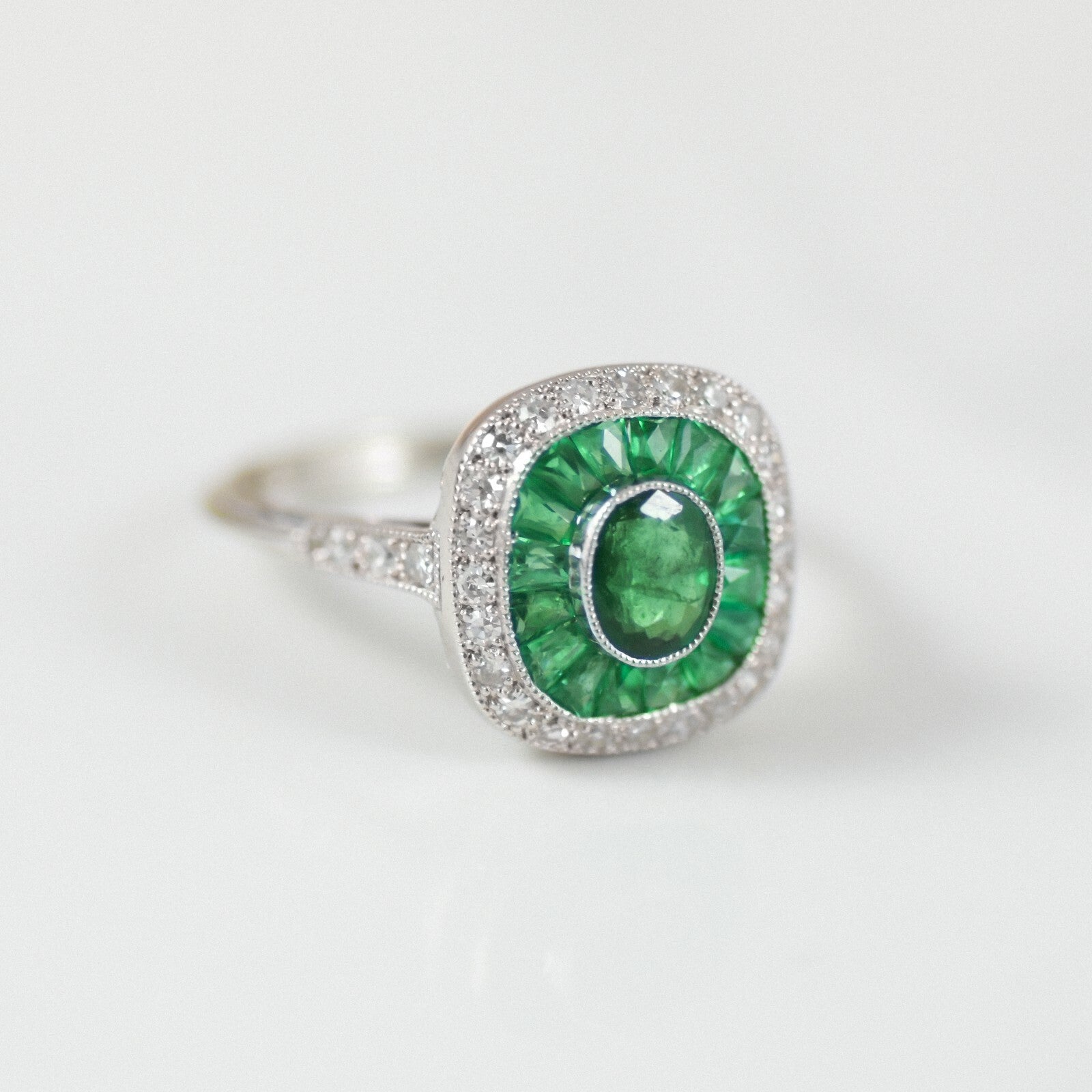 Emerald Diamond Platinum Ring Art Deco Oval Baguette Cocktail Antique Natural