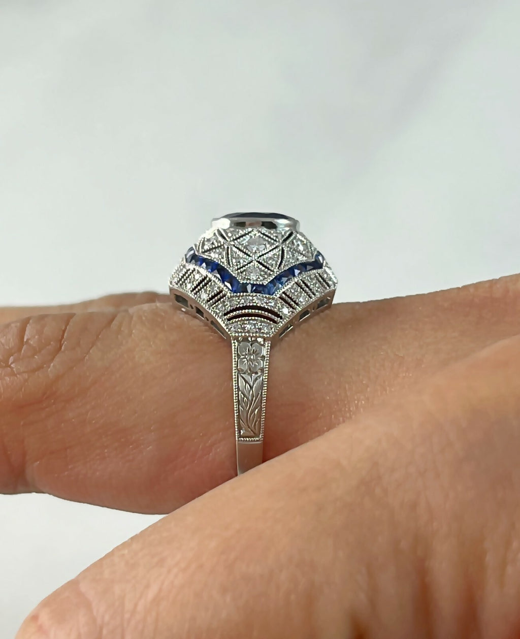 Oval Blue Sapphire Diamond Platinum Ring Art Deco Cocktail Natural 2.51 TCW