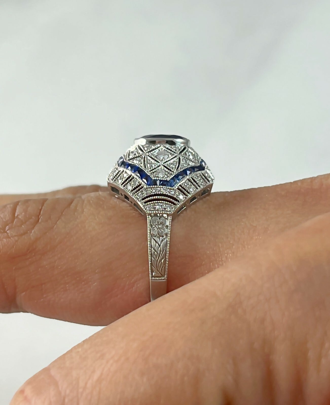 Oval Blue Sapphire Diamond Platinum Ring Art Deco Cocktail Natural 2.51 TCW