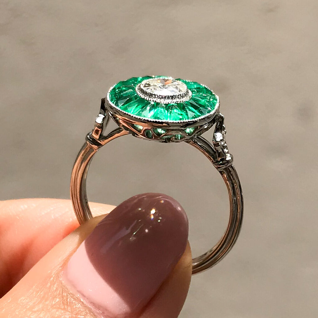 Diamond And Emerald Platinum Engagement Ring Art Deco Natural Handmade 2.20 CTW