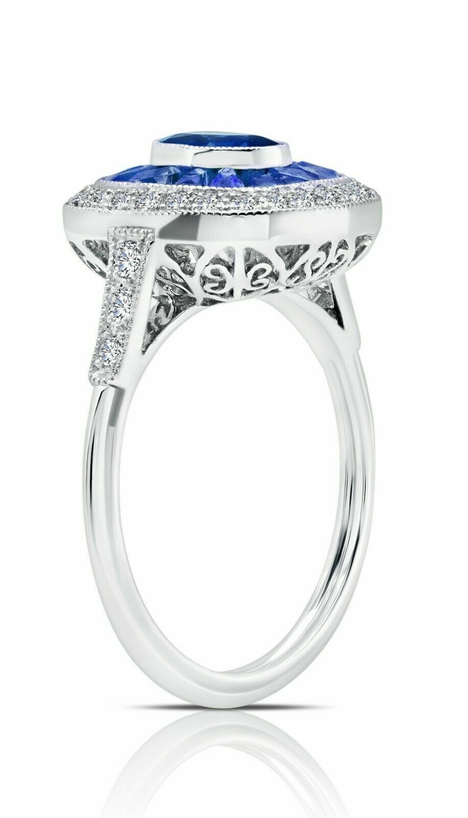 Blue Sapphire Diamond Platinum Ring Art Deco Natural French Cut Baguette 3.12CTW
