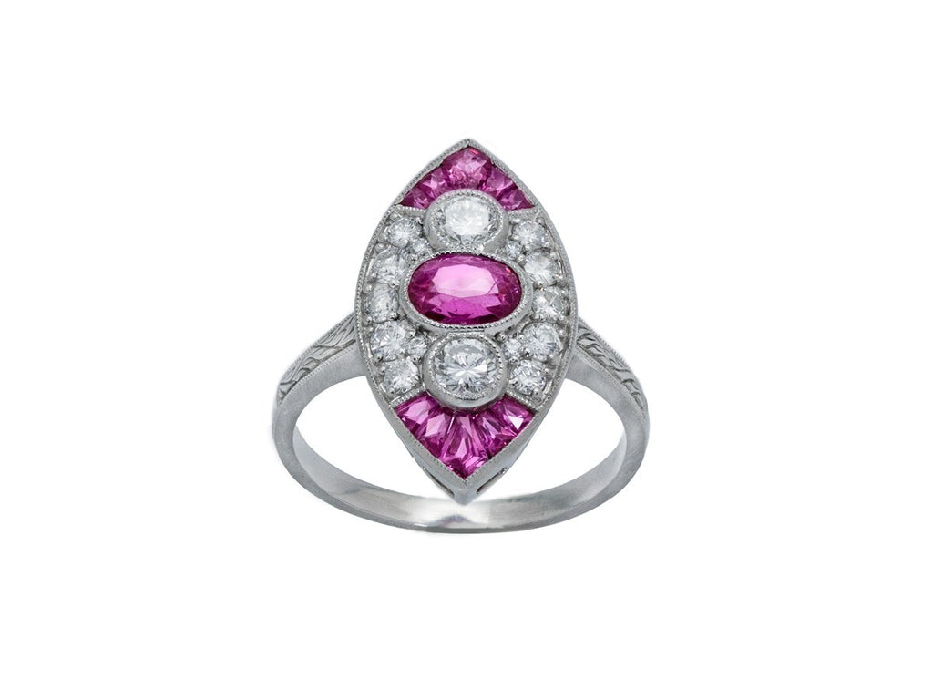 Oval Ruby Diamond Platinum Ring Art Deco Antique Style Natural 1.89 CTW