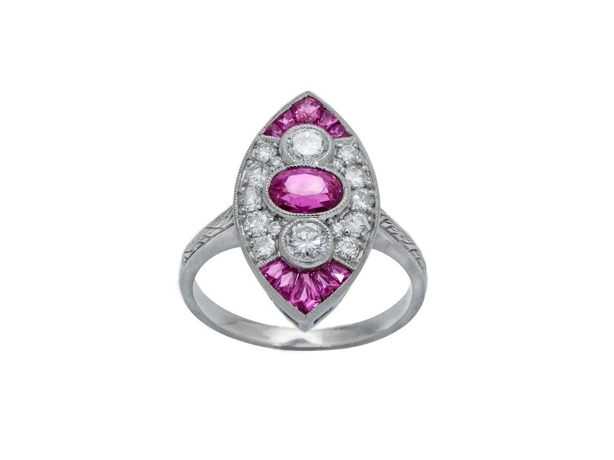 Oval Ruby Diamond Platinum Ring Art Deco Antique Style Natural 1.89 CTW