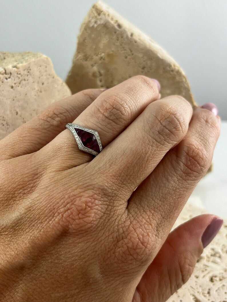 Art Deco Inspired Ruby Diamond Platinum Ring Natural Oval French Cut 1.04CTW