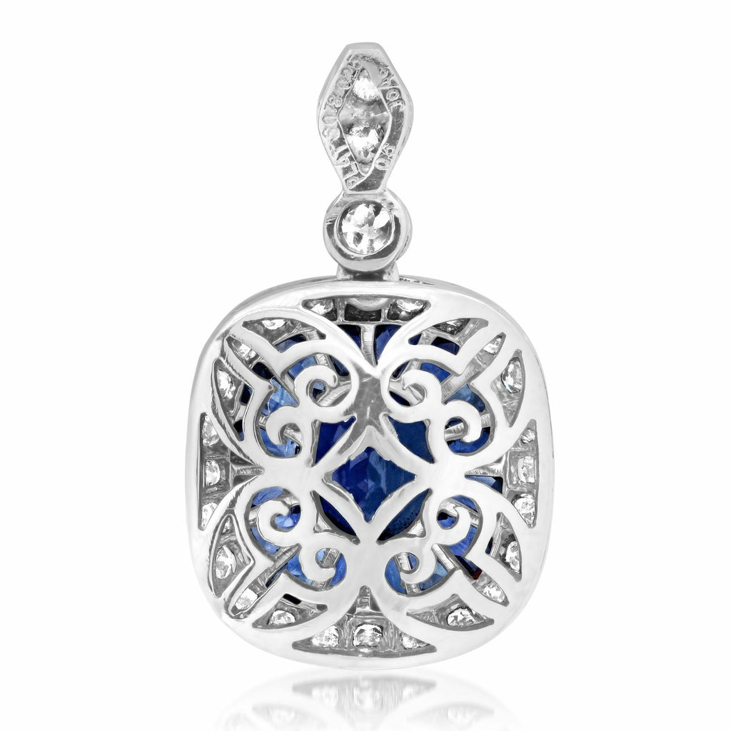 Blue Sapphire Diamond Platinum Pendant Necklace Art Deco Natural French Cut