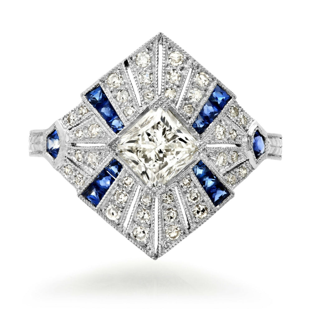 Princess Cut Diamond Sapphire Platinum Ring Engagement Art Deco Handmade Natural