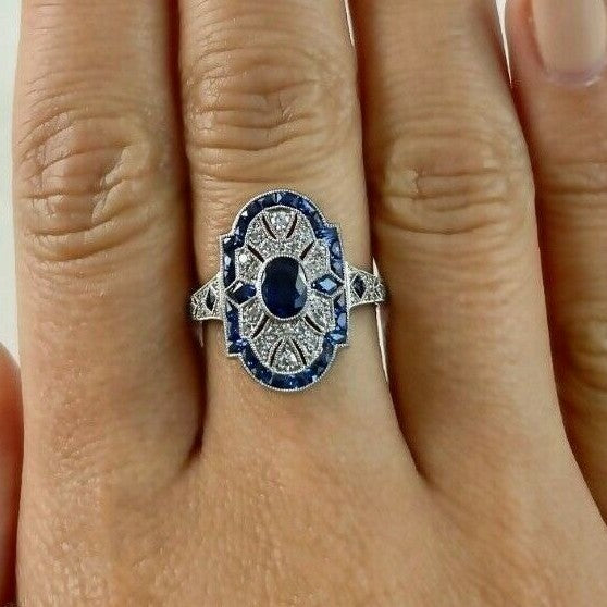 Oval Blue Sapphire Platinum Diamond Ring Art Deco Handmade Antique Natural