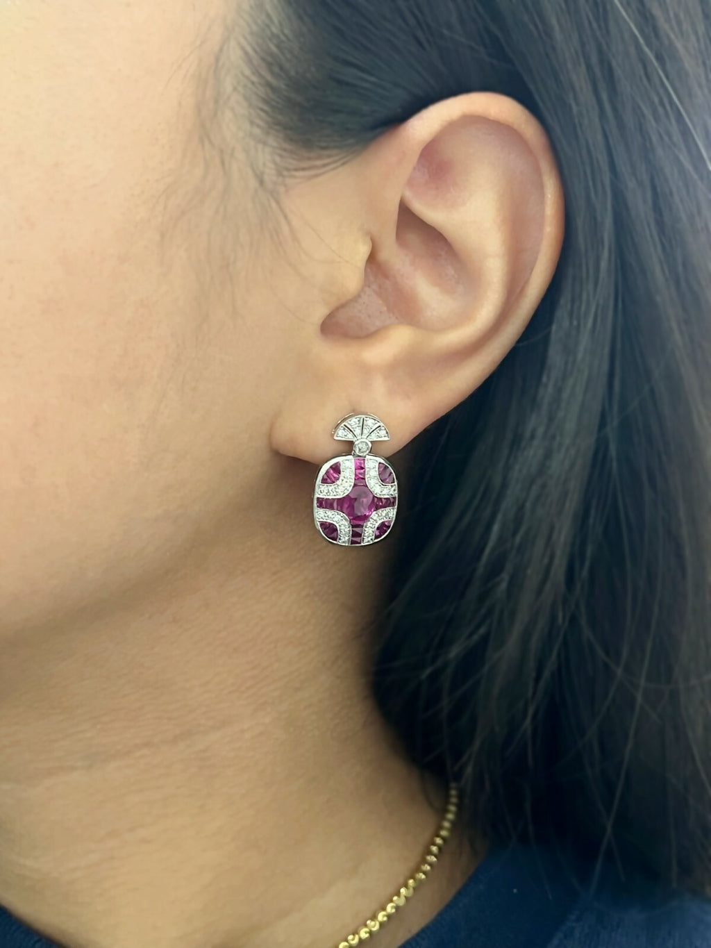Art Deco Ruby Diamond Platinum Earrings Oval 2.03 TCW Handmade Certified Natural