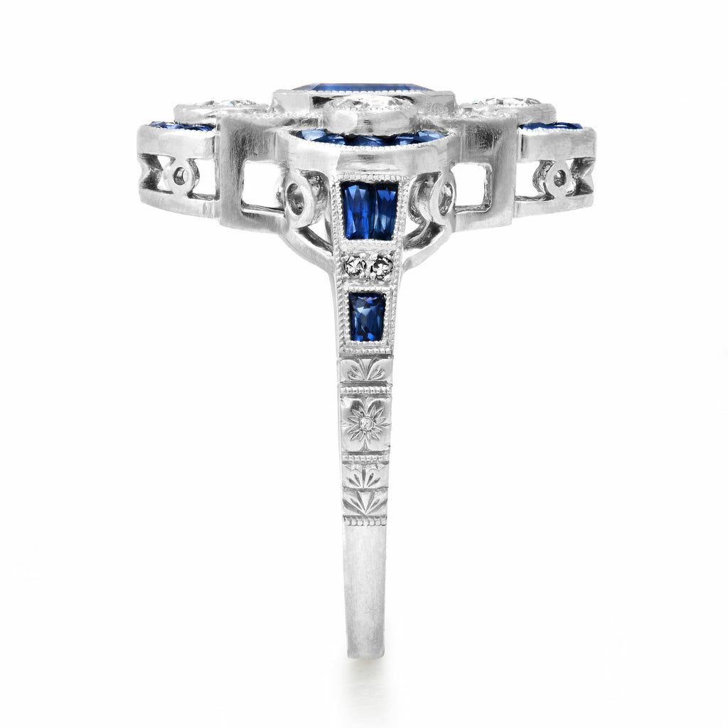 Blue Sapphire Diamond Platinum Ring Art Deco Style Natural 2.38 TCW Emerald Cut