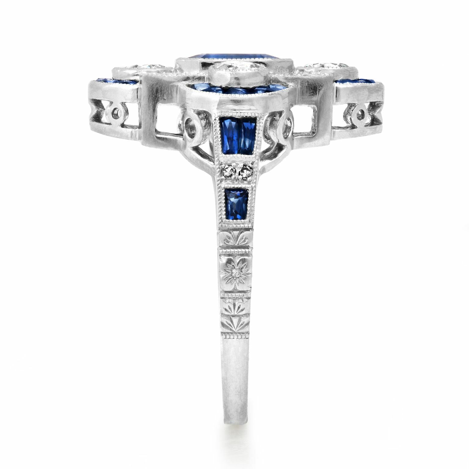 Blue Sapphire Diamond Platinum Ring Art Deco Style Natural 2.38 TCW Emerald Cut
