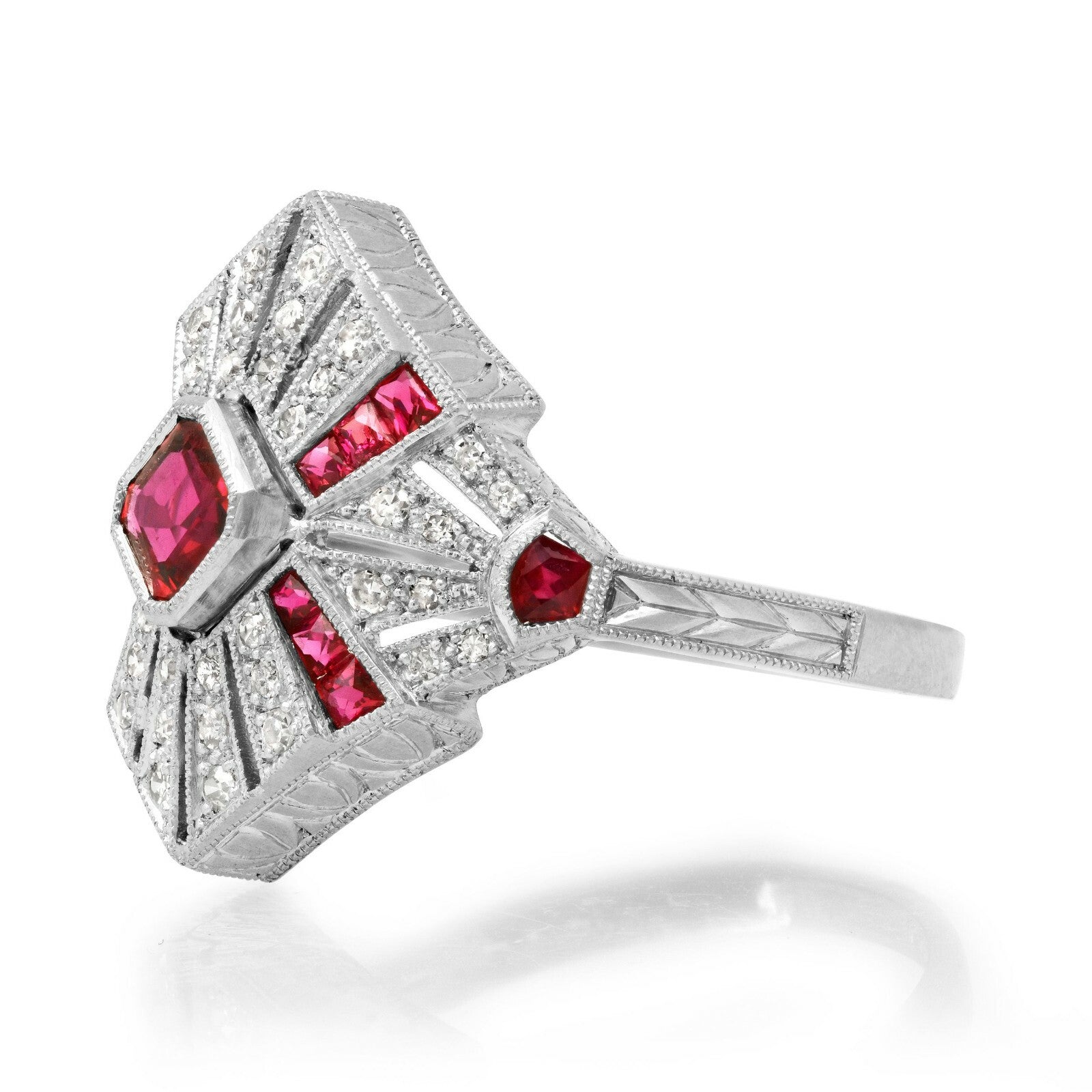 Princess Ruby Diamond Platinum Ring Art Deco Cocktail Vintage Antique Handmade